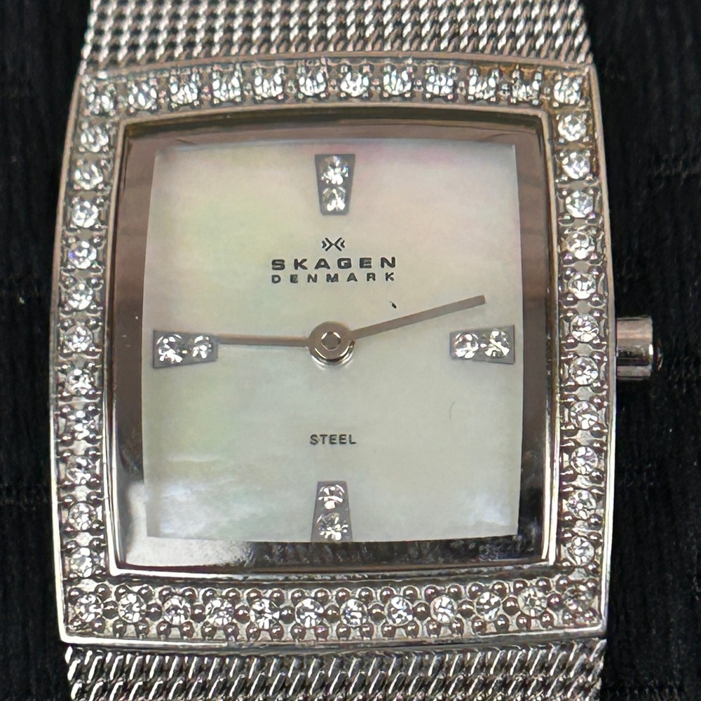 Skagen Denmark‎ 606SSS Silver Mesh Watch Mother of Pearl Crystal Bezel Square